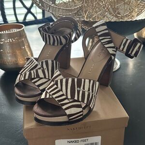 Naked Feet Zebra-Print Block Heel Sandals in Brown and White